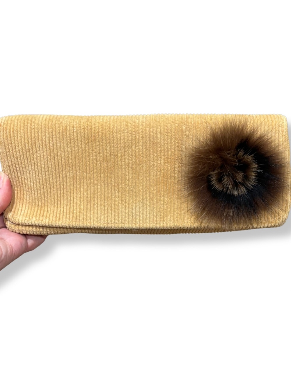 Vintage Inspired Butter Yellow Corduroy Clutch Purse Faux Fur Pom Pom